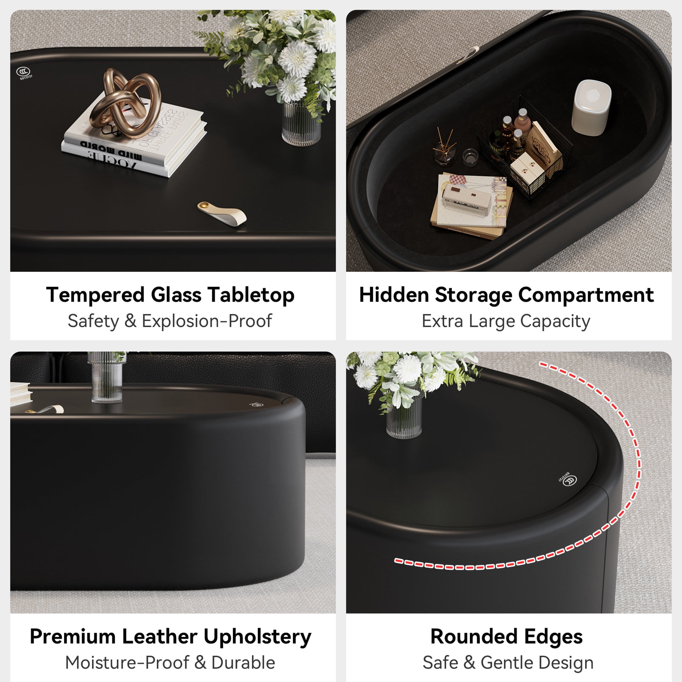 Noble House Morade 33.5" Fluted Curved Rectangle Storage Coffee Table with Glass Top & Leather Wrapped for Living Room, Black