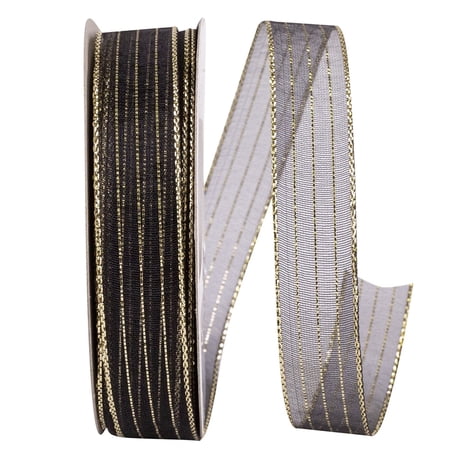 Reliant Ribbon - 2556-986-03J Metallic Organza Stripe Ribbon Black/gold 5/8 Inch 25 Yards