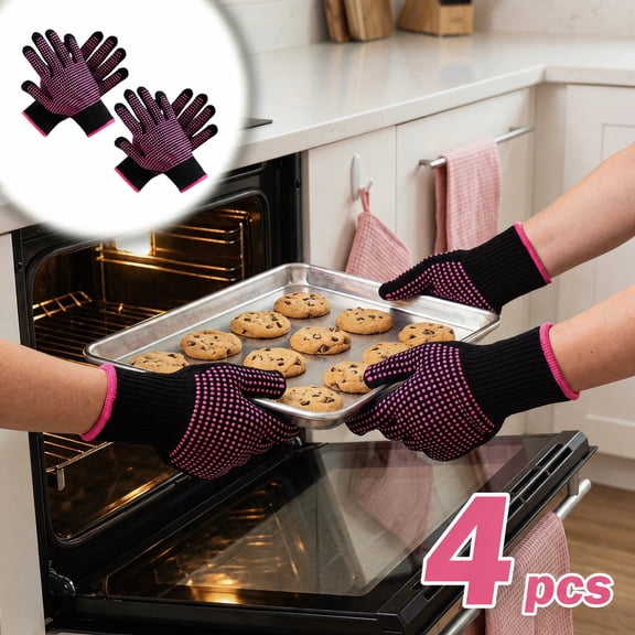 4 Pcs Silicone Oven Mitts Heat Resistant, Non-Slip Heat Proof Gloves for Hair Styling, BBQ, Baking, Cooking, 6.30x9.06in