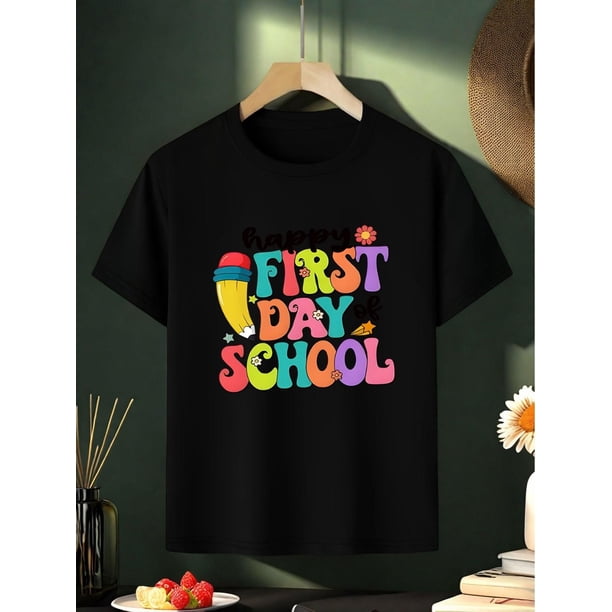 Back-to-School Cotton T-Shirt - Soft and Comfortable with "Happy Back-to-School" and Colorful Pencil Pattern Perfect for Summer Casual Wear, adds Fun and energy, Girls' Casual Cotton Tee
