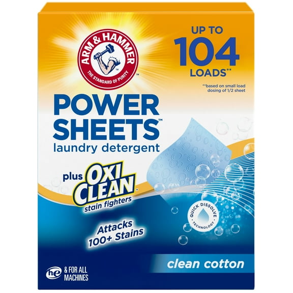 ARM & HAMMER Power Sheets Plus OxiClean Stain Fighters Laundry Detergent, Clean Cotton, 104 Count