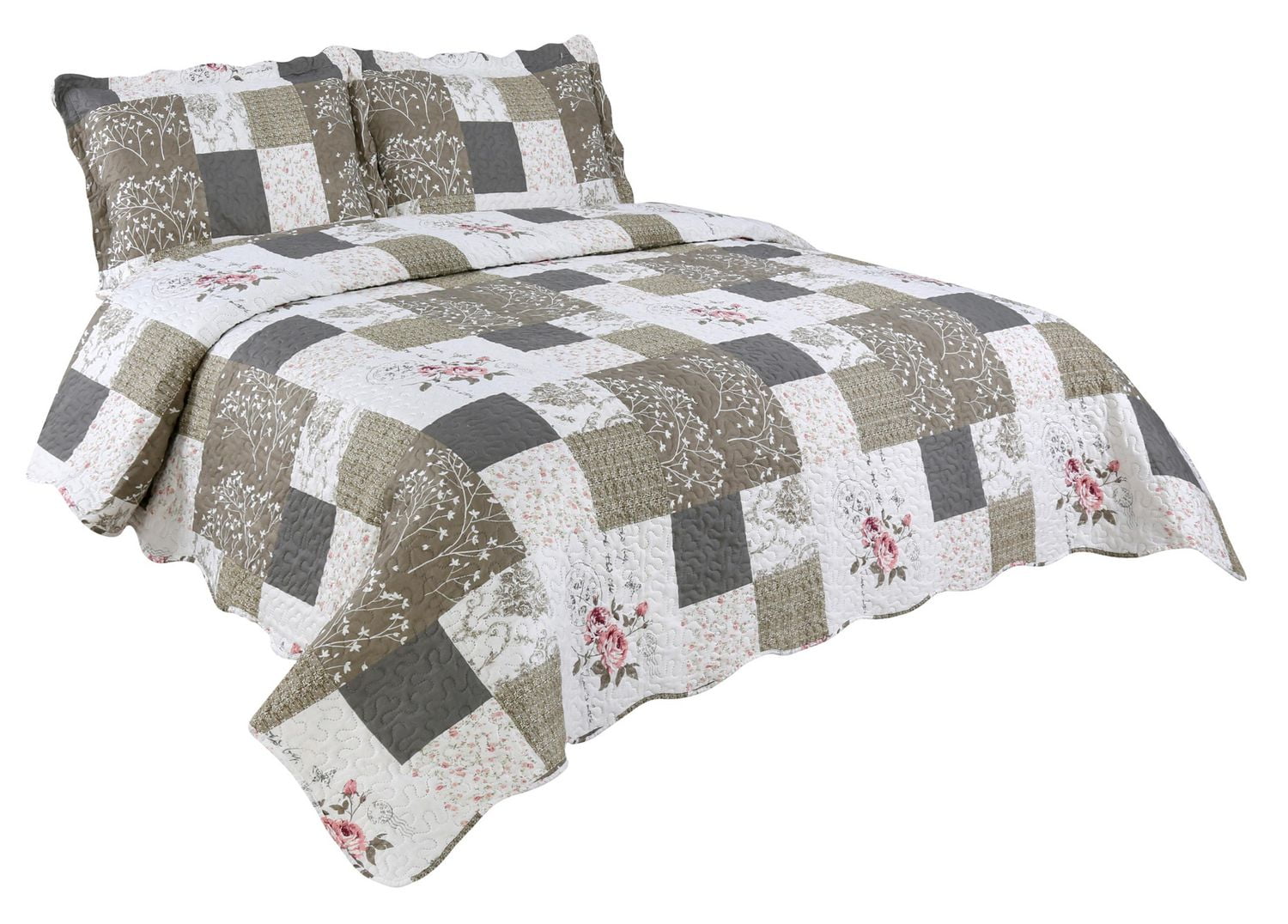 Marina Decoration Rich Printed Embossed Pinsonic Coverlet Bedspread Ultra Soft Bedding Summer Quilt Set with Shams, Rose Floral and Branch Plaid Pattern