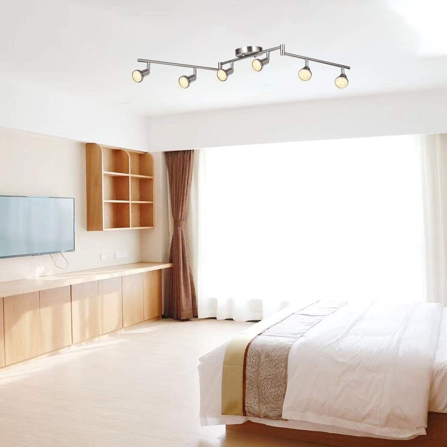 Rotatable LED Ceiling Light with 6 Way Spot Lights - Flexible Nickel Finish Ceiling Lights for Bedroom and Living Room, Protective Bulb Trims (GU10 Bulbs Not Included)