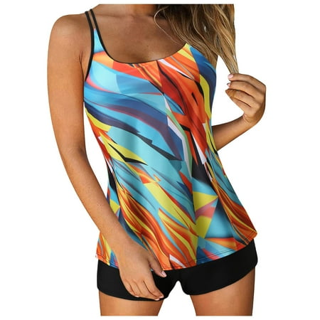 Aayomet Tankini Swimsuits for Women Two Piece Tummy Control Bathing Suits Blouson Tankini Top with Sporty Boy Shorts (Orange  L)