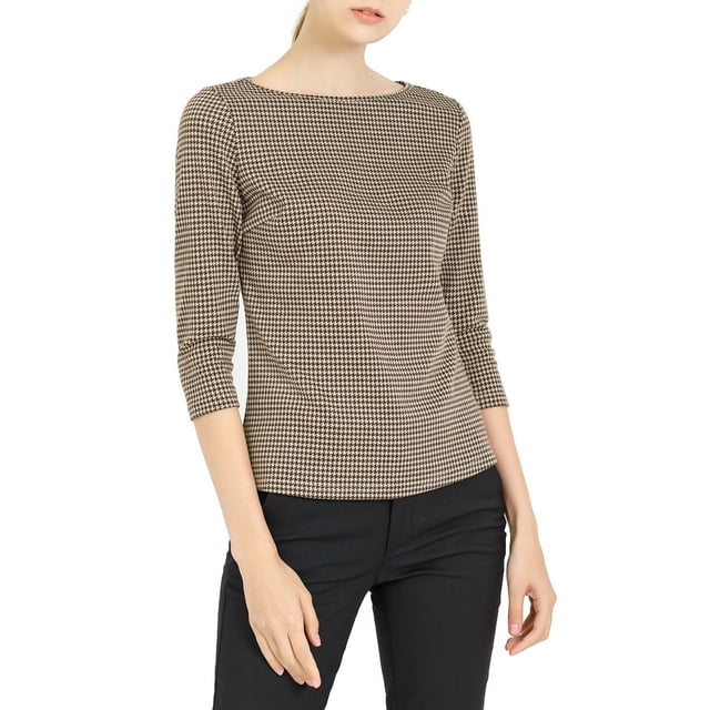 INSPIRE CHIC Blouse à Col Bateau à Manches 3/4 à Motif Pied-de-Poule pour Femmes pour le Travail