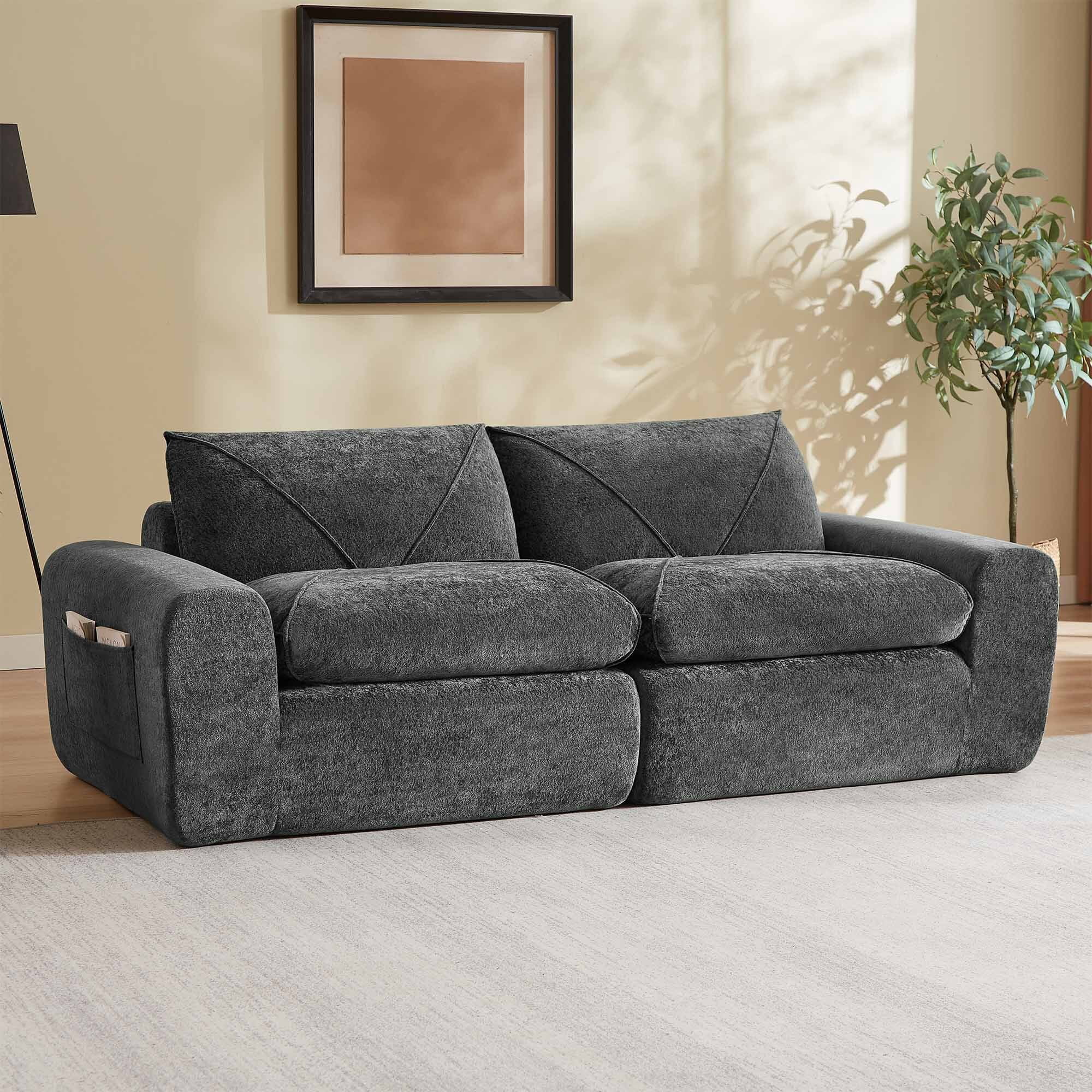 Lunale Small Boneless Cloud Sofa, Modern 2-Seater Chenille Couch with Side Pockets for Living Room, Dark Gray