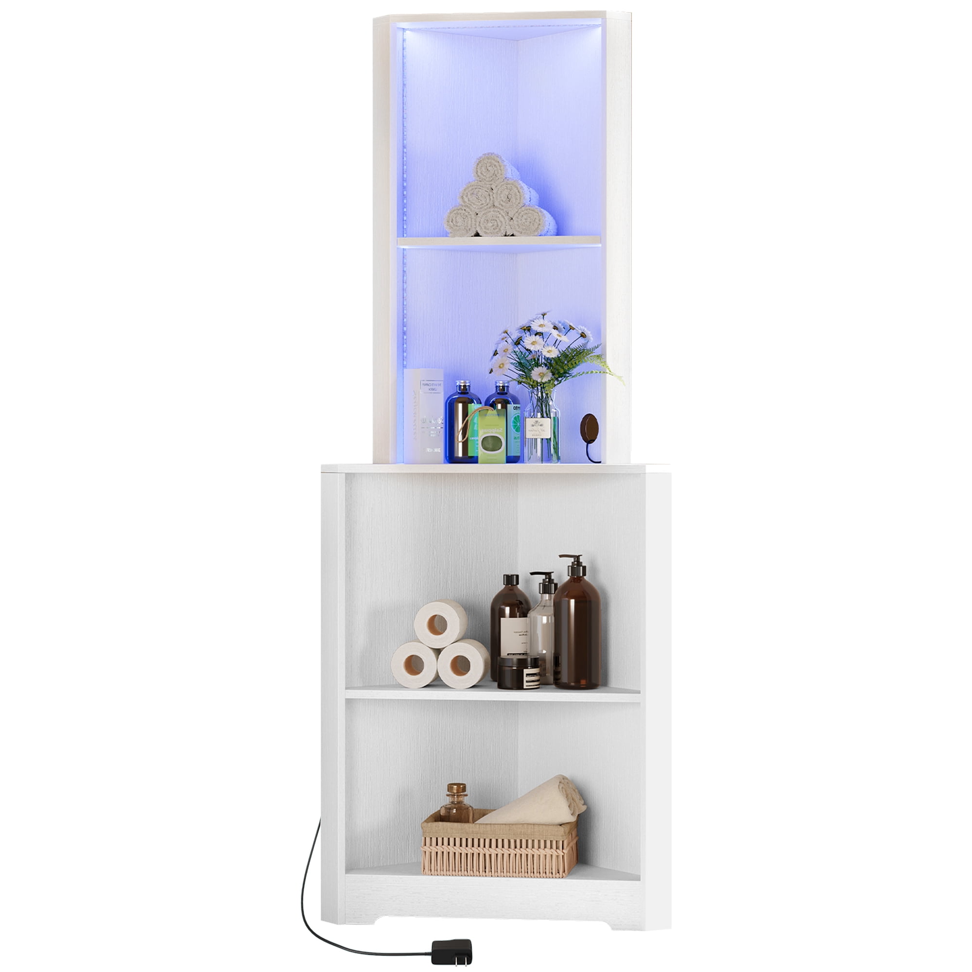 Dextrus 5-Tier Corner Shelf with Led Light, Wooden Open Corner Cabinet, Corner Bookshelf Bookcase Stand Storage Rack for Living Room, Home Office, Kitchen, Small Space, White