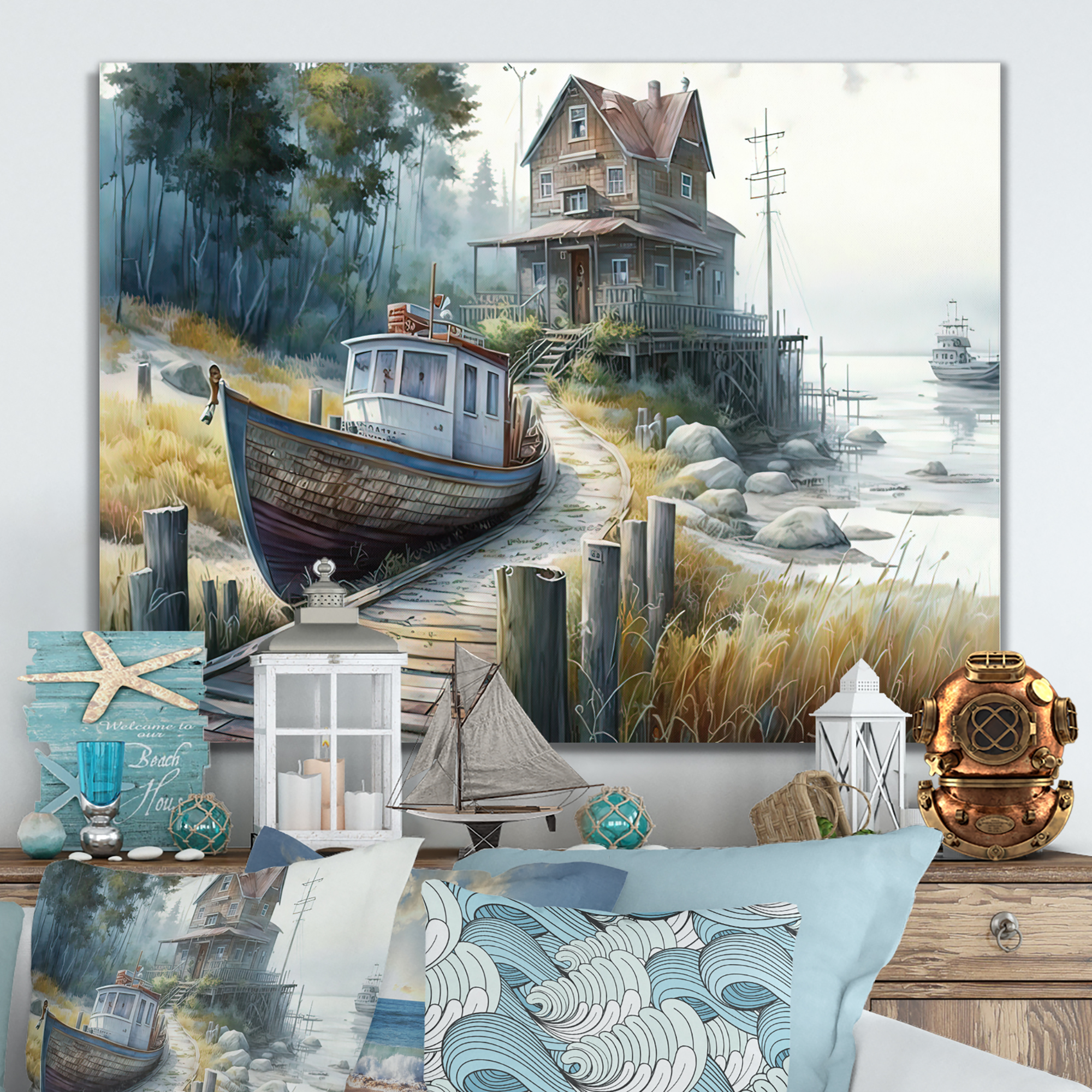 Designart Rustic Port With A Fishing Boat III Canvas Wall Art