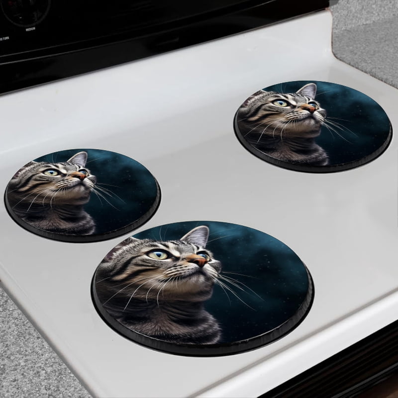 BaHomeck Electric Stove Burner Covers Set of 4,Round Metal Gas Stove Burner Covers 8 Inch and 10 Inch,Kitchen Decor,Silver Tabby American Shorthair Cat Gazing Up At The Night
