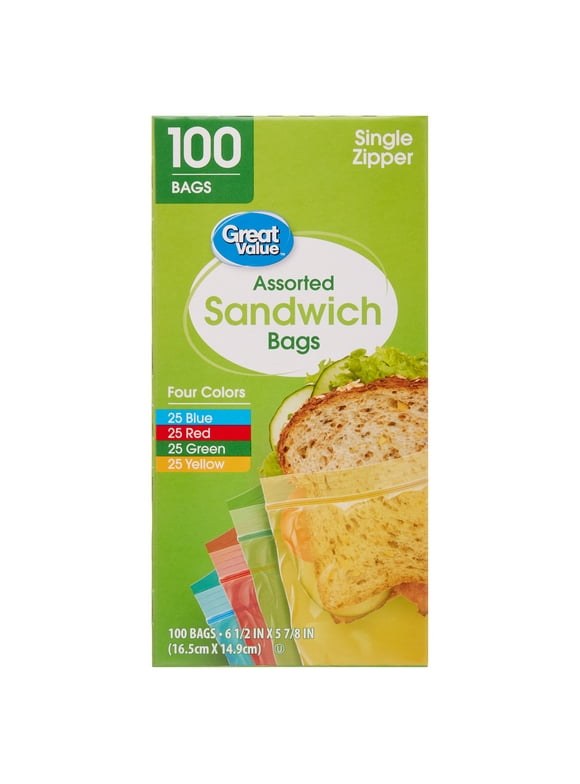 Great Value Fresh Seal Zipper Bags, Sandwich, Assorted Colors, 100 Count