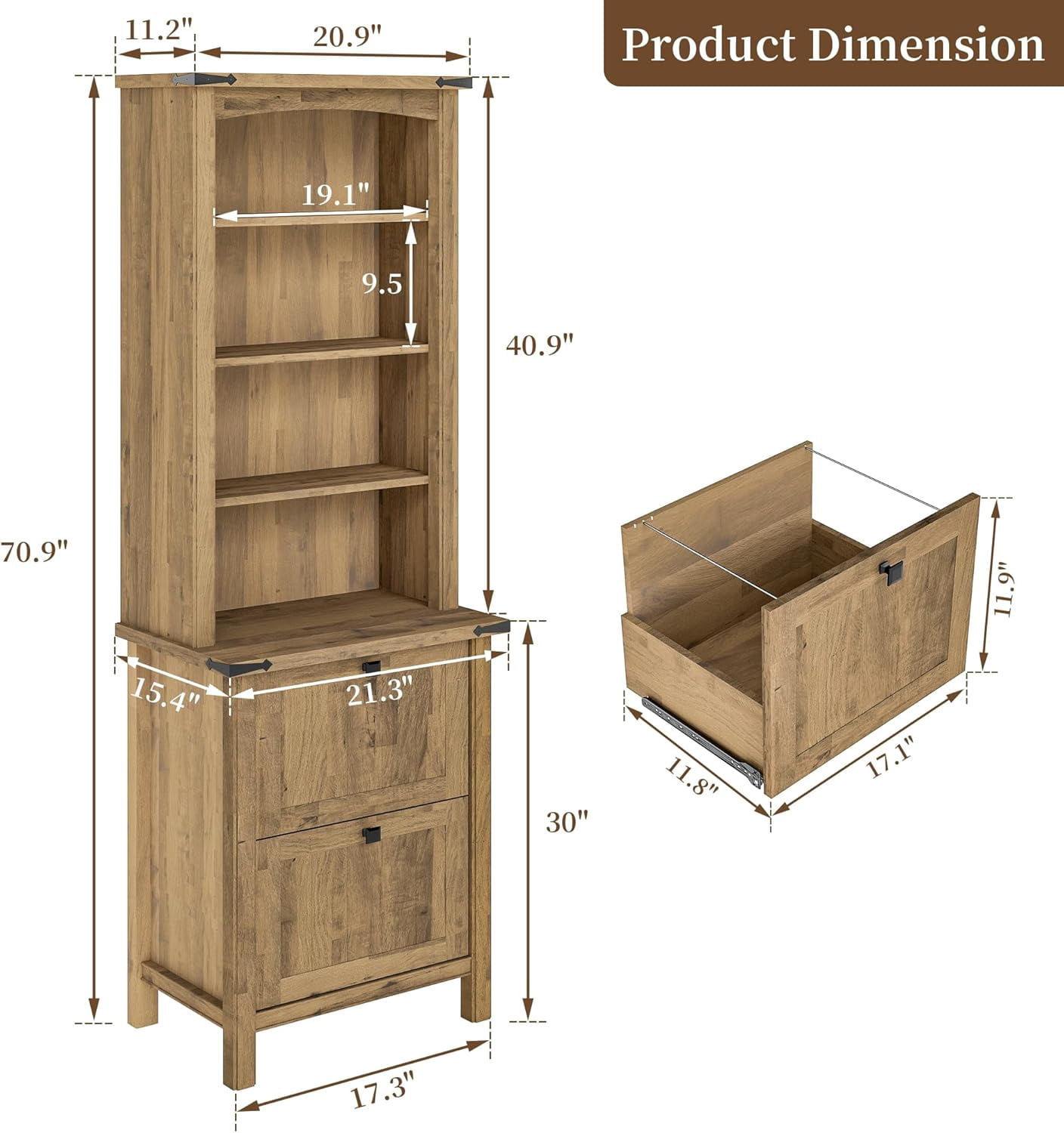FIAKOA Bookshelf Set of 2, 71" Tall Rustic Wood Bookcases with Adjustable Shelves and File Drawers, Farmhouse Bookshelves for Home Office or Living Room(Natural Wood)