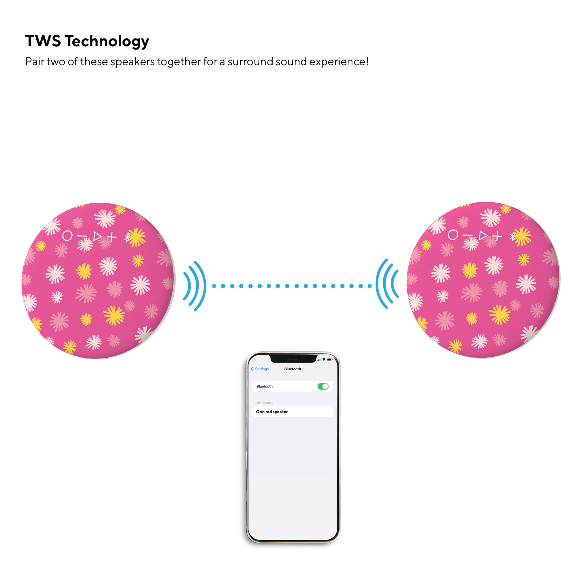 onn. Portable Bluetooth Speaker | IPX4 Water Resistant | Round Wireless Speaker, Pink Spark