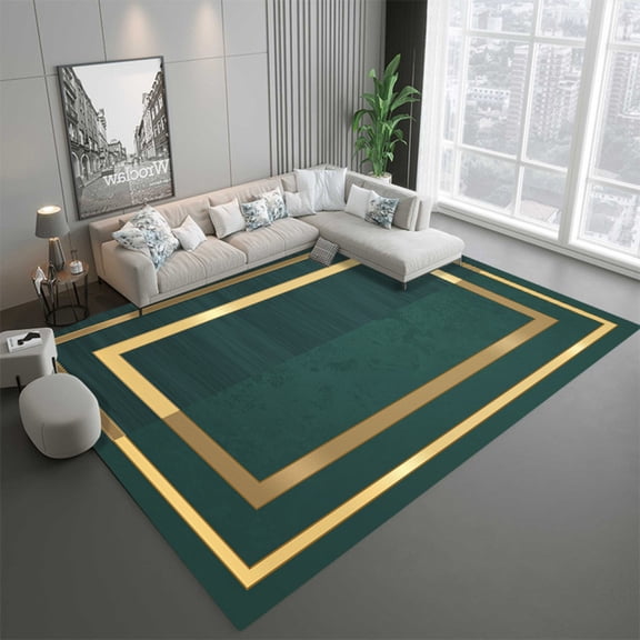 Emerald Green Gold Frame Area Rugs, Luxury Living Room Carpet Nordic Geometric Decor Rug, Non-Slip Washable Large Area Rug For Living Dining Room Bedroom 5' x 7'