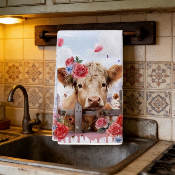 Taicans Highland Cow Kitchen Towels 1Pcs,Floral Highland Cattle with Baby Cow Decorative Dish Towels,Rustic Farmhouse Bathroom Hand Towels,Soft Absorbent Tea Towels for Cooking Cleaning Home Decor