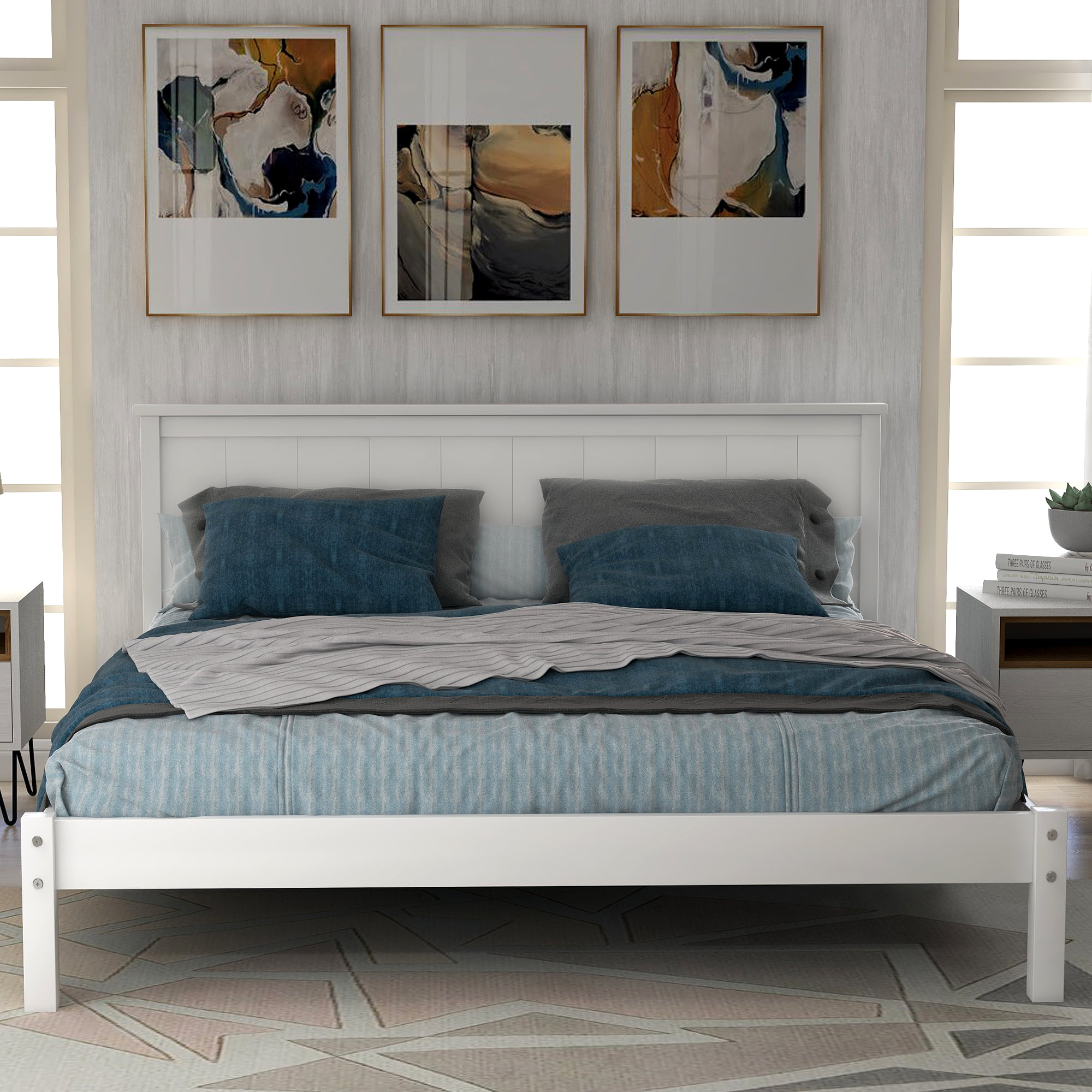 Queen Bed Frame with Headboard, Modern White Wood Platform Bed Frame