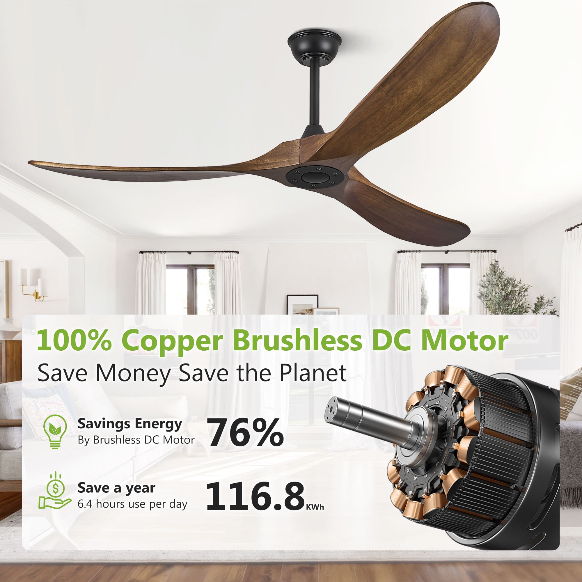 62'' Modern 3-Blade Ceiling Fan (No Light) – Solid Walnut Wood Propeller Ceiling Fans, Quiet DC Motor & Standard Remote Control | Indoor/Outdoor Use for Patio, Coastal & Farmhouse Spaces