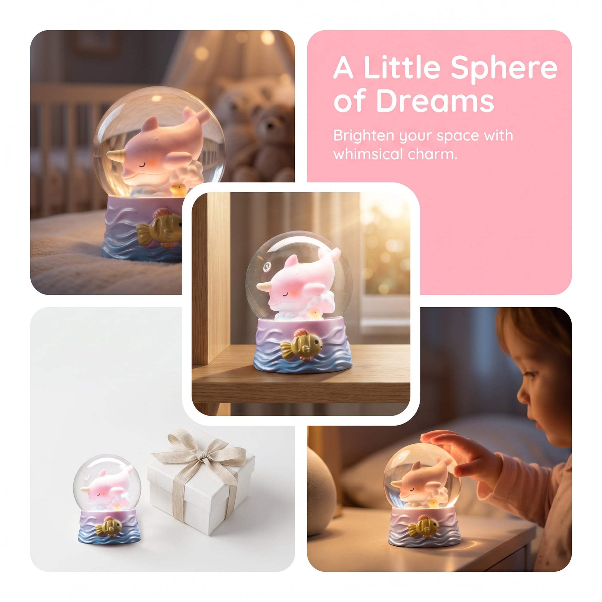 Unique Bargains Cartoon Light Up Crystal Ball Mini Resin Figurine Snow Globe Pink Style C