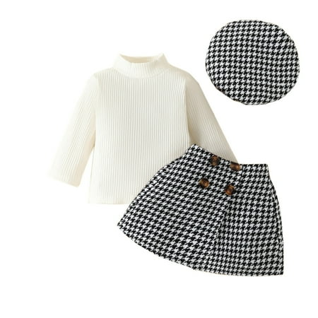 

3PCS Infant Toddler Girls Outfit Sets Spring Long Sleeve Ribbed Tops Plaid Skirt Hat Outfits Clothes Set Winter Leisure Fashion Outfit 6M-3Y