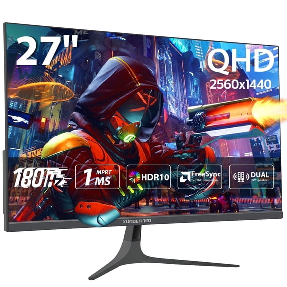 27 inch 1440P Gaming Monitor, 180Hz/144Hz Fast IPS 2K Computer Monitor with Speaker, Free-Sync & G-SYNC, 125% sRGB, HDR10, HDMI x2, DisplayPort x2, Compatible with Switch/Xbox/PS5, VESA