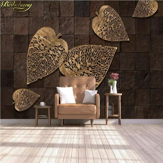Papier Peint 3D Bois Feuilles Dorées SKU# WAL0041