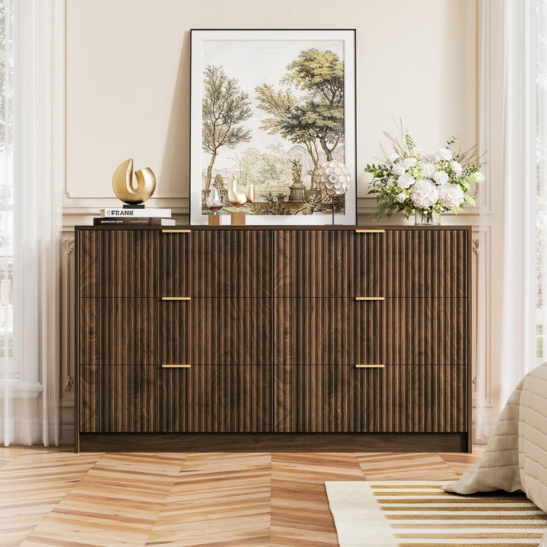 brown and gold dresser Furniture of America Forma Mid-Century Modern 2-piece Walnut Solid Wood Dresser and Mirror Set