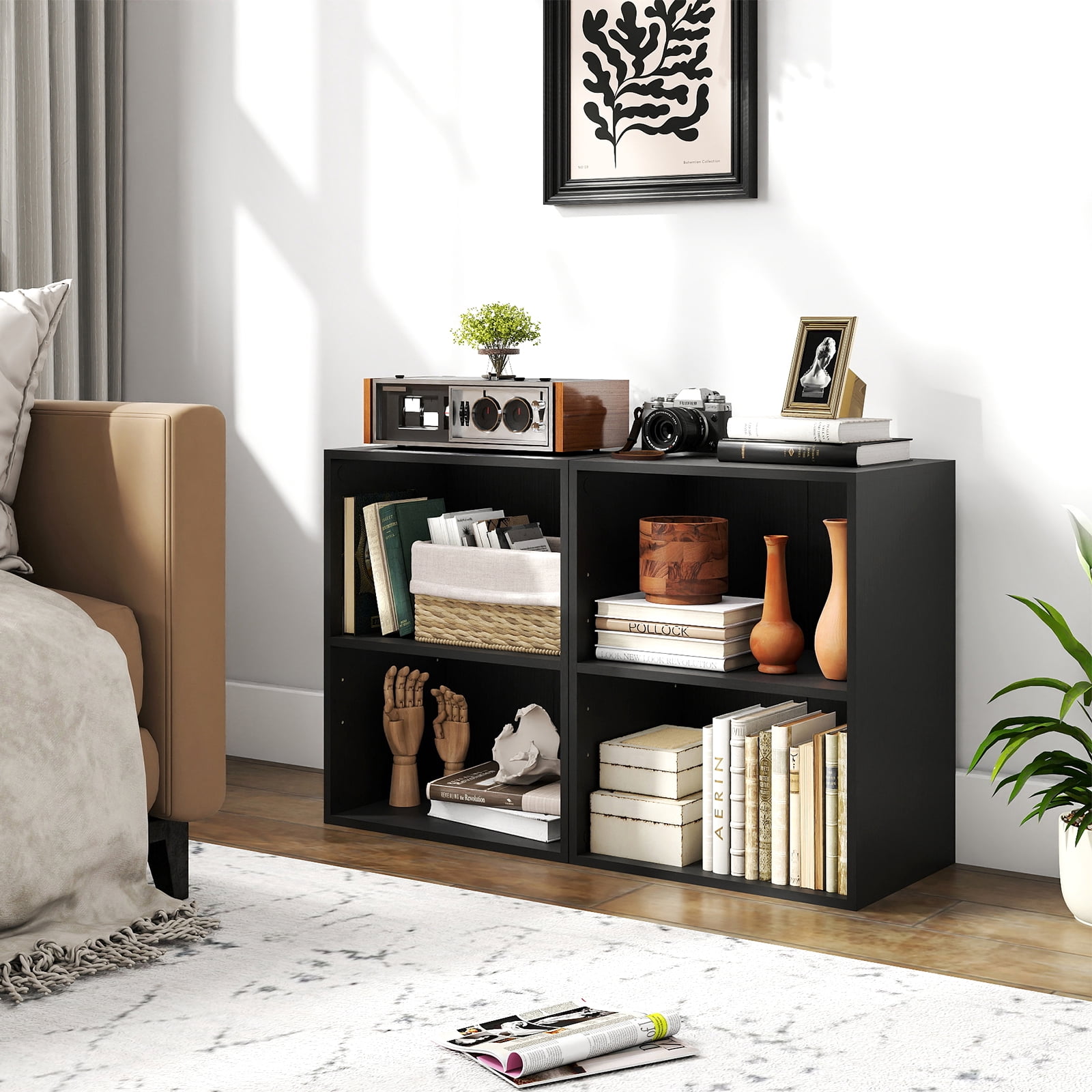Costway 2-Cube Bookcase with 5-Position Adjustable Shelf, Anti-Toppling Kits for Study Black