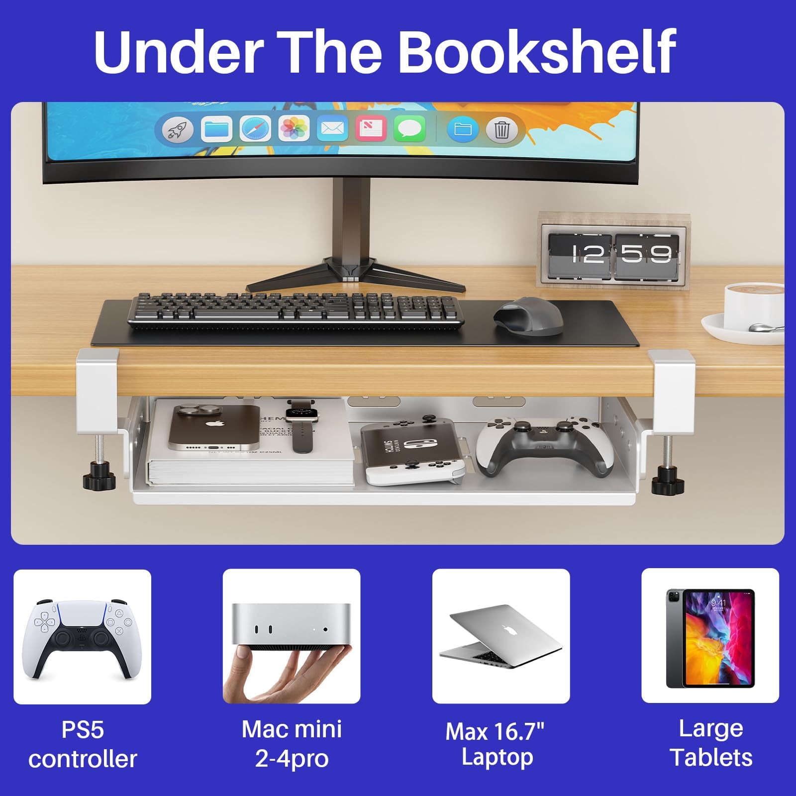 No Drill Under Desk Storage Shelf  Metal Drawer Organizer With Clamp Mount Adds Tray For Office Desks Table Gaming Workstations (white)