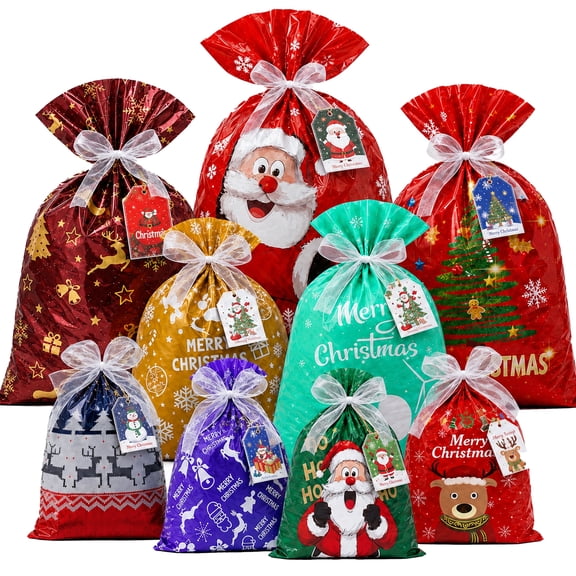 ATBXHZSZ 30Pcs Gifts Bags for Christmas Assorted Sizes Small Medium Large Multicolor Christmas Drawstring Gift Bags Aluminum Foil Reusable Holiday Xmas Presents Wrapping with Tags