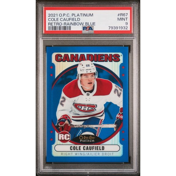 Collectible Graded 2021 Upper Deck O-Pee-Chee Platinum Retro Rainbow Blue Cole Caufield R67 162/199 PSA 9 Hockey Card