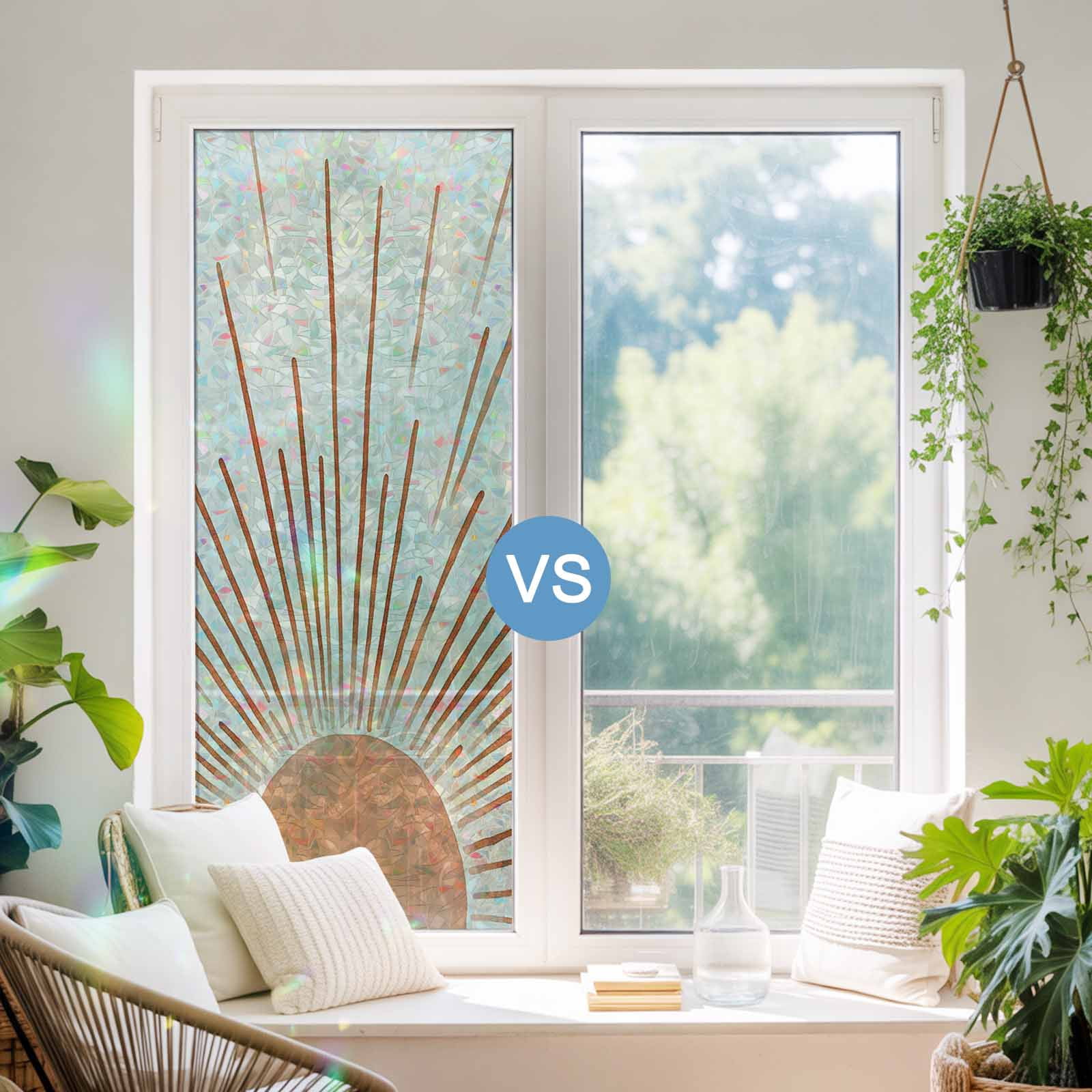 Orange Sunshine Window Privacy Film Stain Glass,Reusable Decorative Rainbow Window Film,Lines Retro Abstract Middle Century Static Cling Sun Blocking Stickers Decals Covers 23.6" x 59" (2pcs)