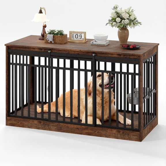 55" Large Dog Crate Furniture, Heavy Duty Wooden Dog Kennel with 2 Bowls & Sliding Door, Decorative Side End Table for Medium Large Dogs
