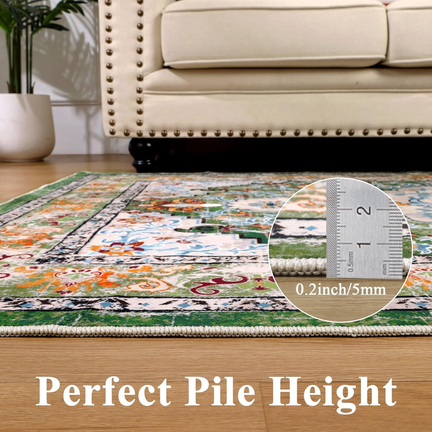 4 ft Round Area Rug, Yamaziot Boho Vintage Oriental Circle Carpet, Washable Non Slip Non Shedding Soft Faux Indoor Floor Mat Rug for Bedroom Living Room Sofa Office, Green