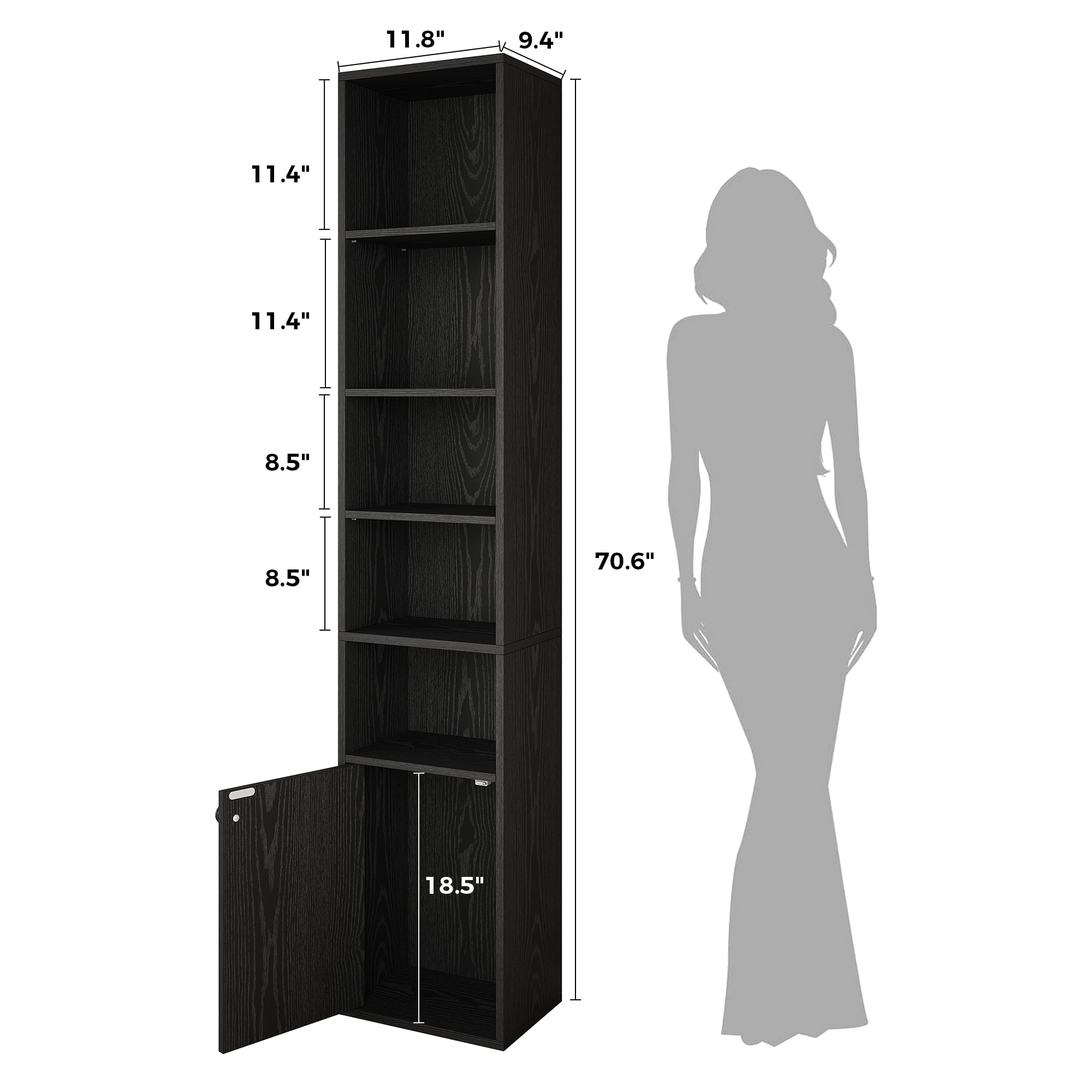 IRONCK 71" Tall Narrow Bookcase with Adjustable Shelves, 5 Tier Cube Bookshelf with 1 Door Storage Cabinet, Black
