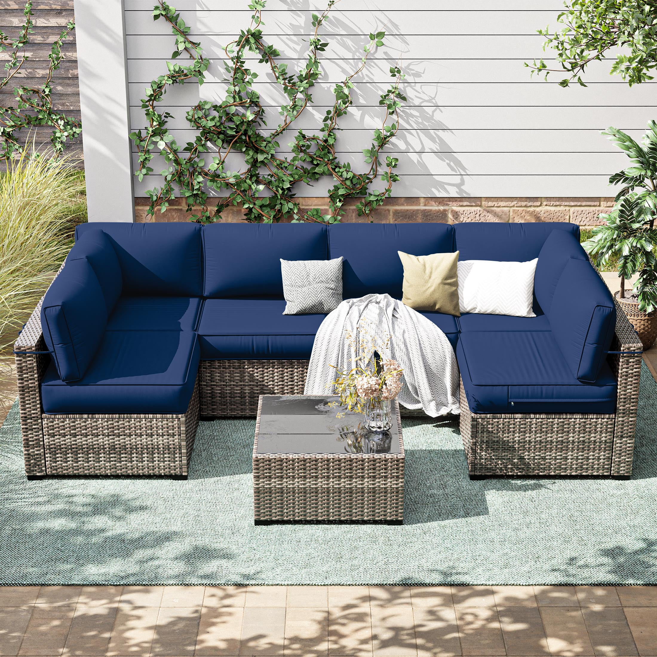 Snubbull 6-Seat Sectional Outdoor Patio Replacement Cushions Set, 25.5" x 25.5", 5" Foam High-Density, 14-Piece Water-Resistant Outdoor Cushion for Patio Conversation Sets, Liner&Cover, Blue