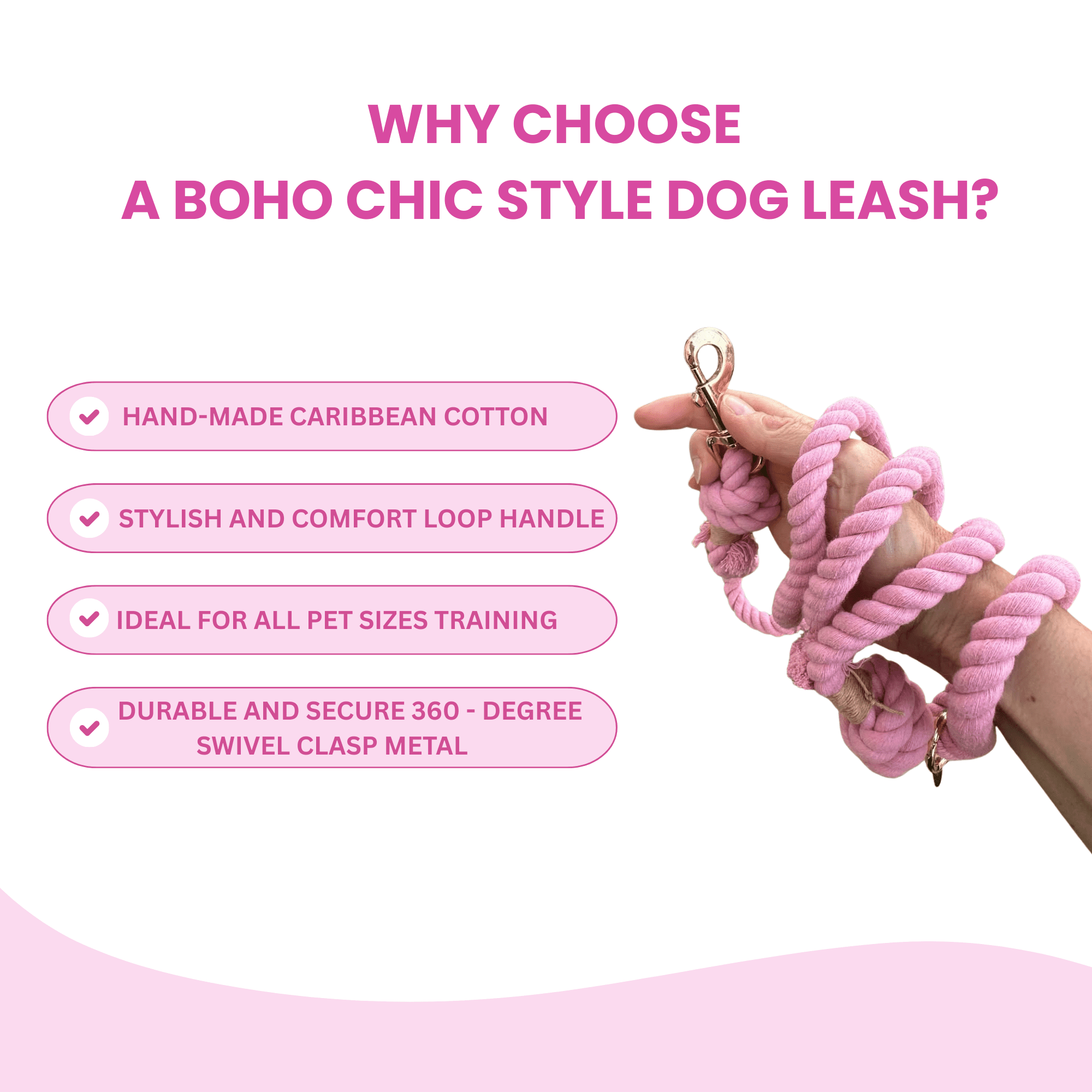 Glow Pups 5ft Cotton Dog Rope Leash, Light Pink