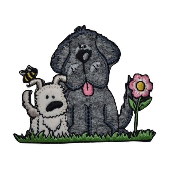 Two Puppy Dogs - Flower - Iron on Applique/Embroidered Patch