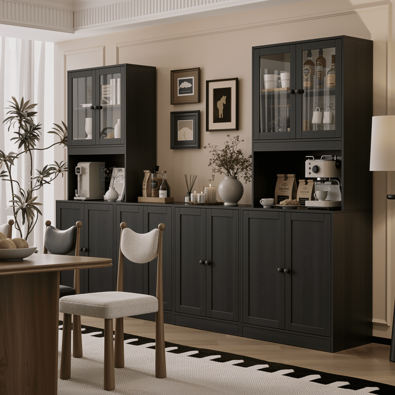 RichYa 4Pcs Kitchen Pantry Storage Cabinet Set,Modular Furniture Cabinets with Display Glass Doors,Hutch Buffet Cabinet with Shelves & Countertop for Dining Room,Black