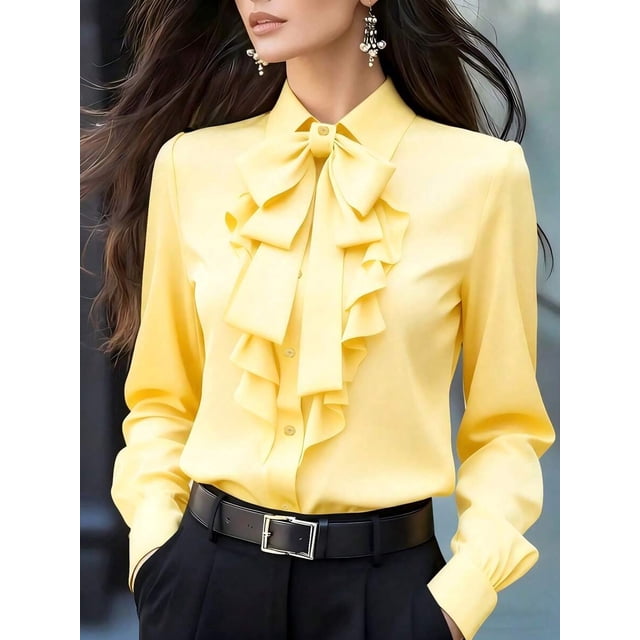 Blusa Elegante De Manga Larga Con Lazo Y Volantes En Amarillo
