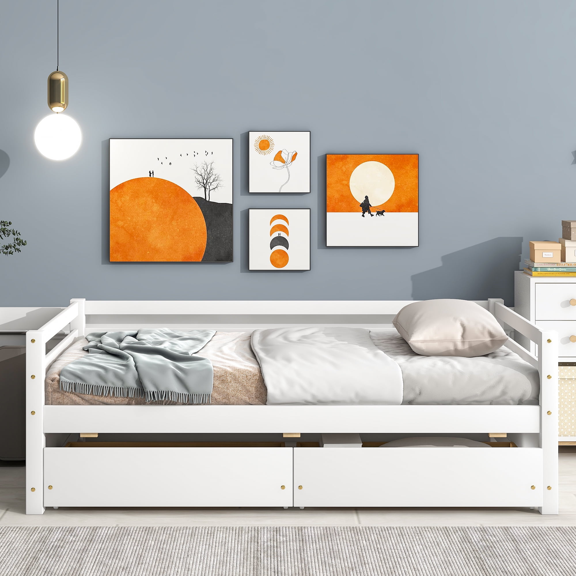 Euroco Pine Wood Storage Daybed with Two Drawers, Twin for Living Room, White