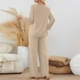 thumbnail image 7 of 2 Pieces Sets Knitted Stripe Sweatsuits Womens Henley Neck Blouses Long Sleeve Sweatshirts Button Down Pullover Sweater Blouses Drawstring Elastic Waist Pants Stretchy Stright Wide Leg Trousers, 7 of 7