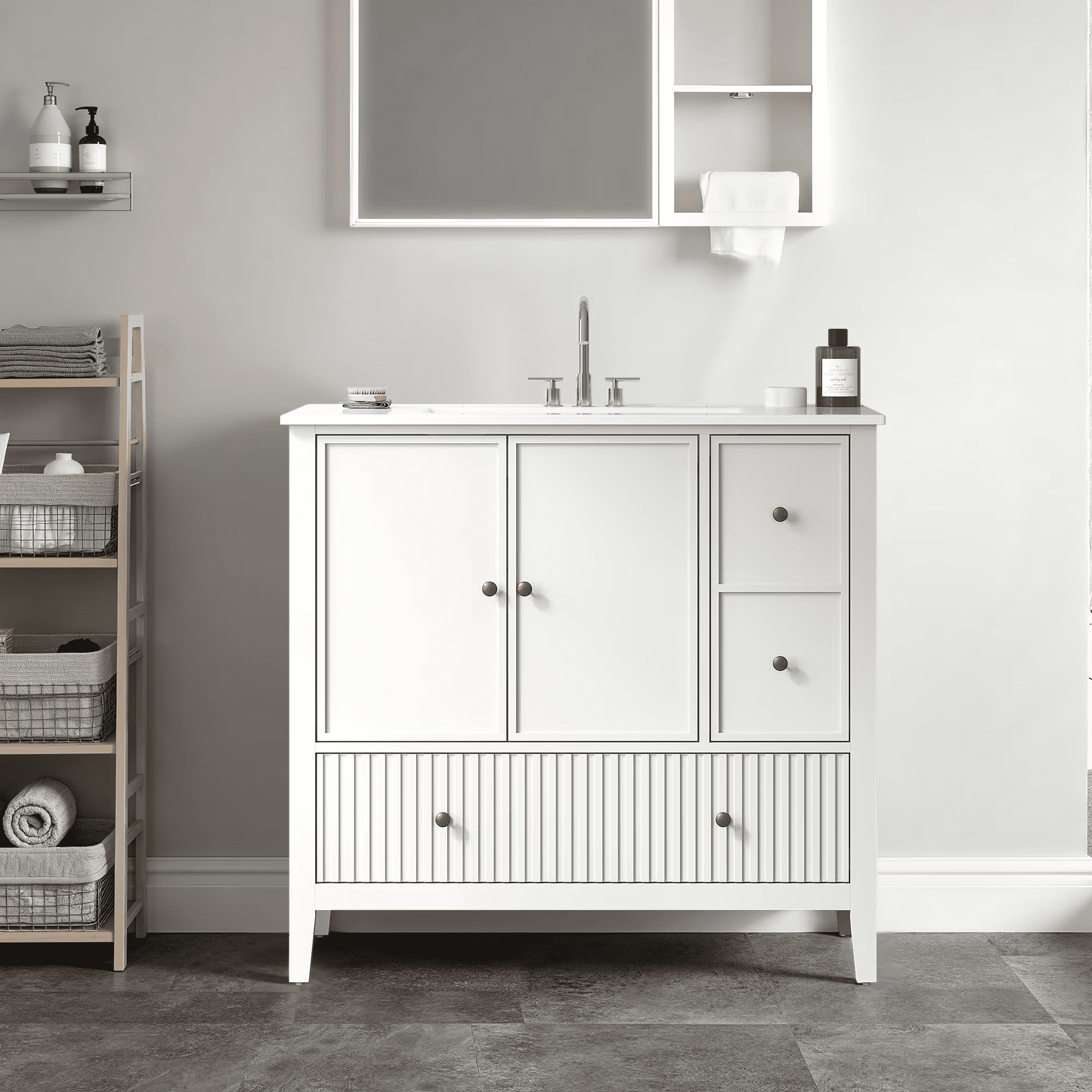 Mintazer 36 Inch Fluted Freestanding Bathroom Vanity with Ceramic Sink, Farmhouse Single Sink Bath Cabinet with Doors and Drawers, White