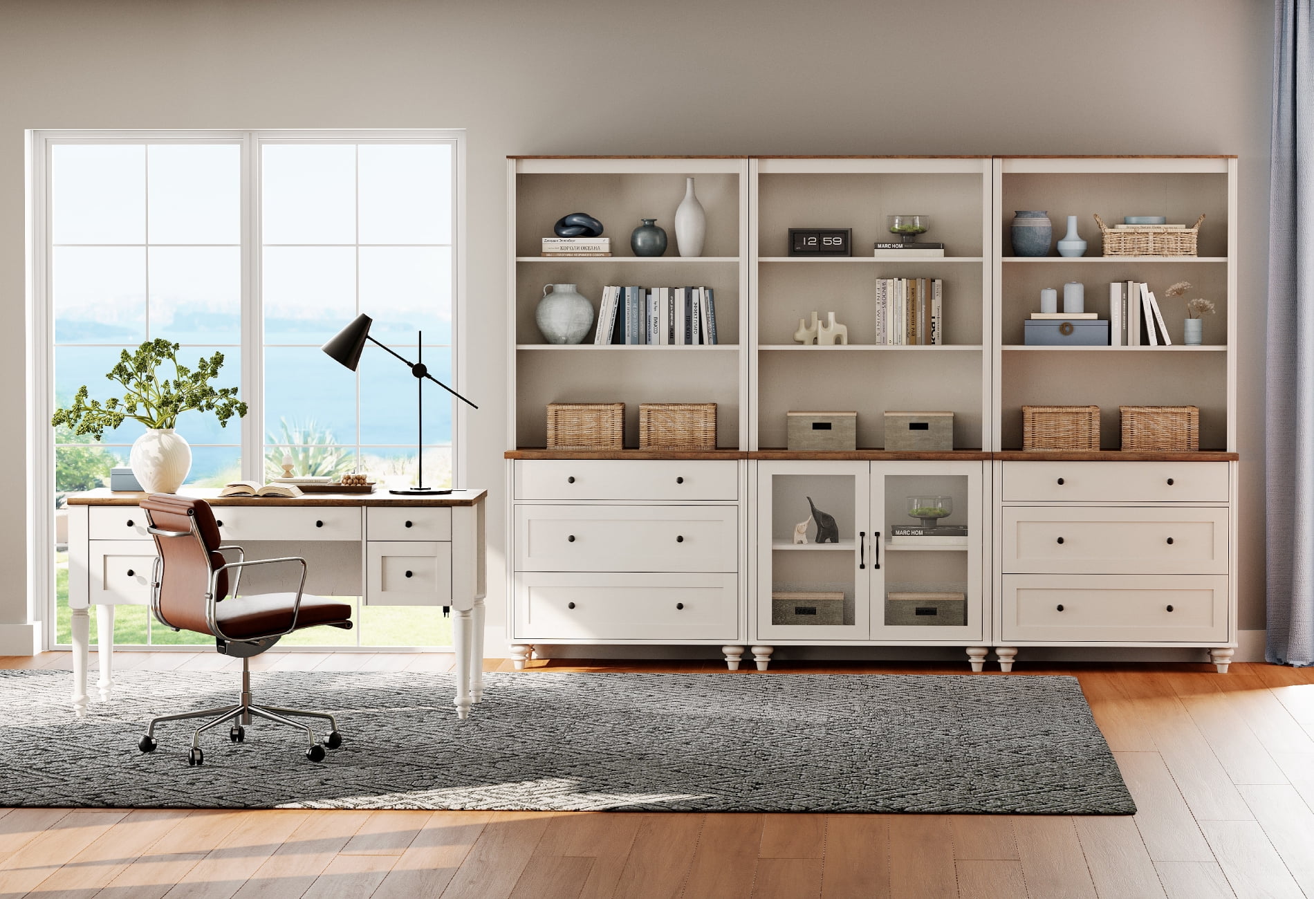 2 Piece Office Set, 56" Executive Desk, Bookcases With 3 Drawers And 2 Glass Cabinets