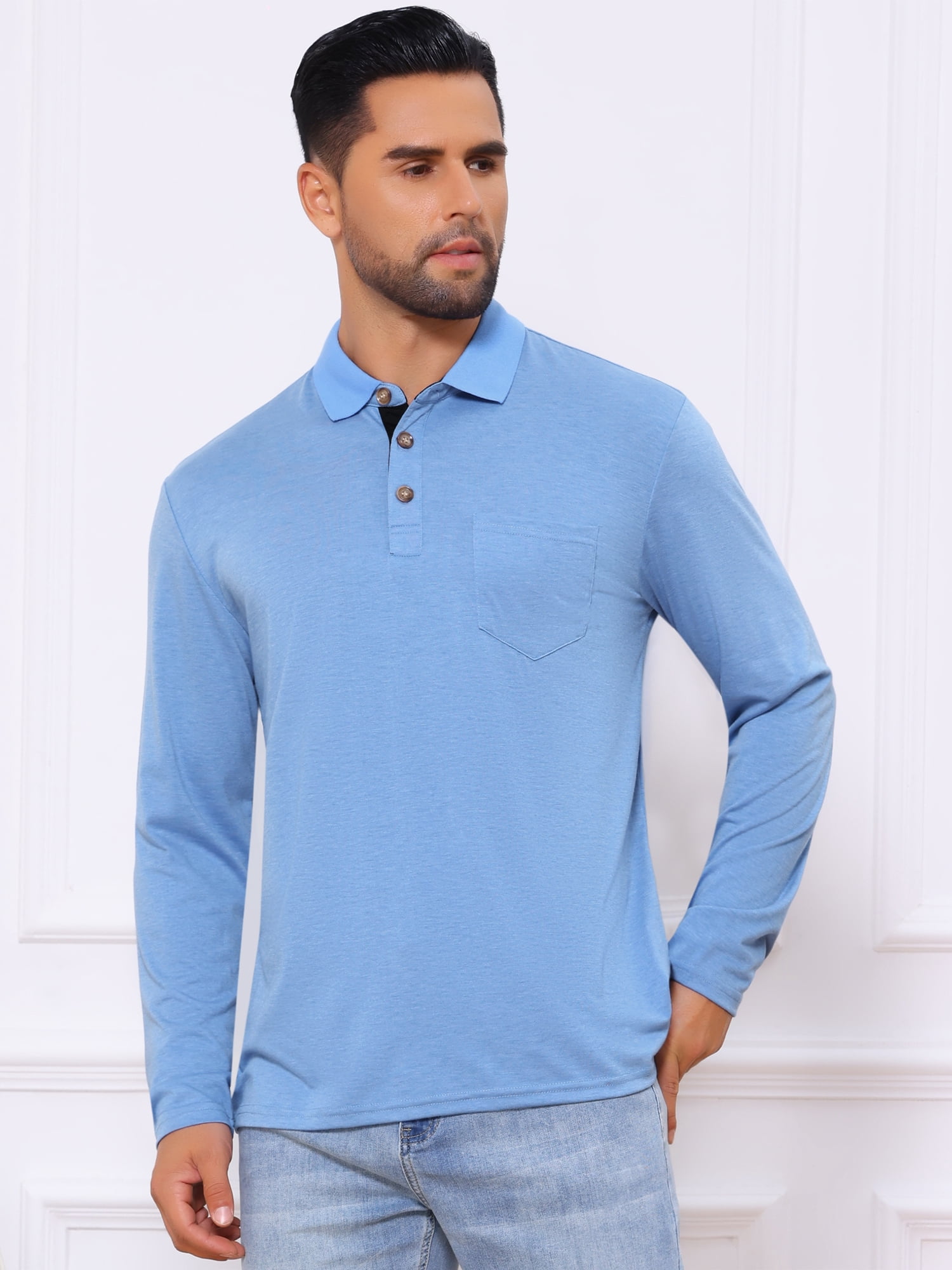 DARING DIVA Men's Contrast Button Collared Long Sleeves Golf Polo T-Shirts 2XL Light Blue