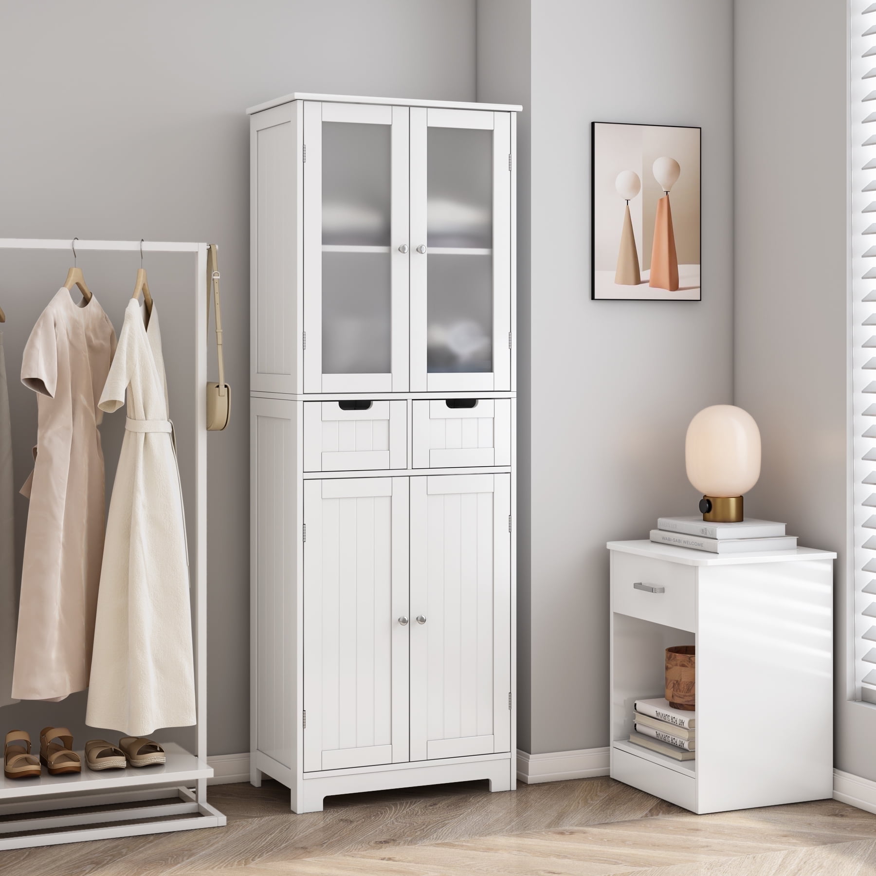 Homfa 2pcs Bathroom Cabinet with 4 Doors, 3-Tier Wood Tall Linen Storage Cabinet with 2 Drawers for Living Room Office, White