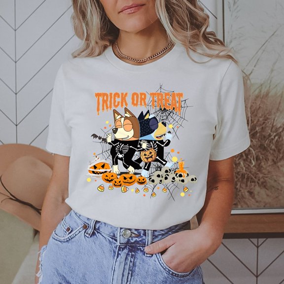 Bluey Halloween Trick or Treat T-shirt, Spooky Halloween Shirt, Pumpkin Whitch Tshirt, Family Matching, Bluey Bingo Party Tee