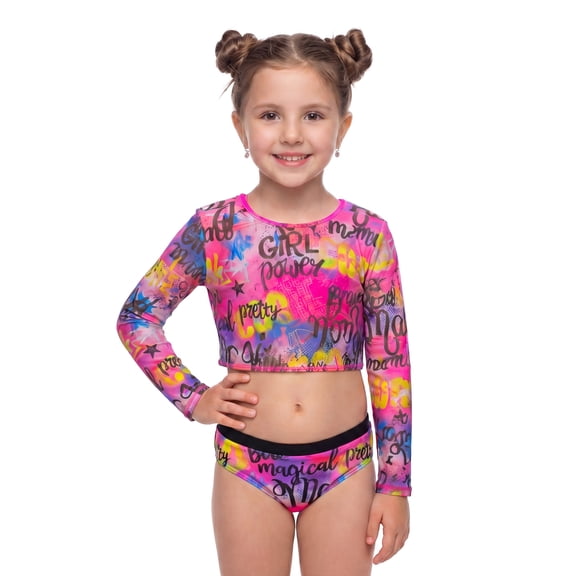 Girls 3 Piece Swimsuit Set Long Sleeve Mesh Cover Up Bikini Top and Bottom Quick Dry Swimwear