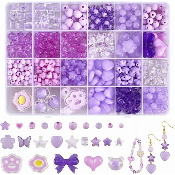 1 Box 529Pcs Assorted Acrylic Beads Purple Assorted Beads Butterfly Heart Flower Stars Bear Cute Aesthetic Beads Bulk for Jewelry Making Supplies DIY Bracelets Necklaces Crafts Phone Charm for making