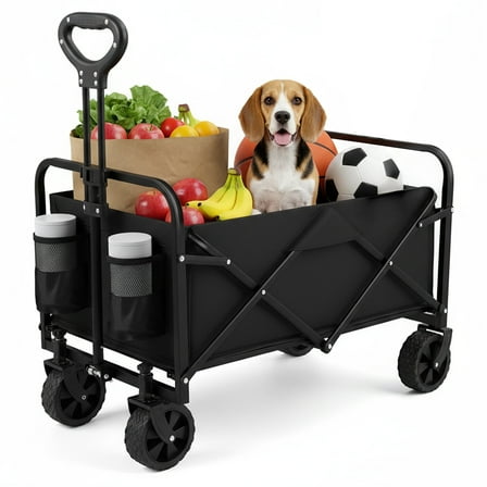 PASAMIC 220lbs Collapsible Wagon Cart, Heavy Duty Cart with All-Terrain Wheels & Drink Holders, Utility Wagon for Outdoor, Shopping, Camping, Black