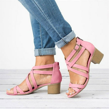 

YOUSNH Women Shoes Thick High Heel Sandals Fashionable Hollow FFish Mouth Roman Sandals Summer Sandals Pink 9.5(42)