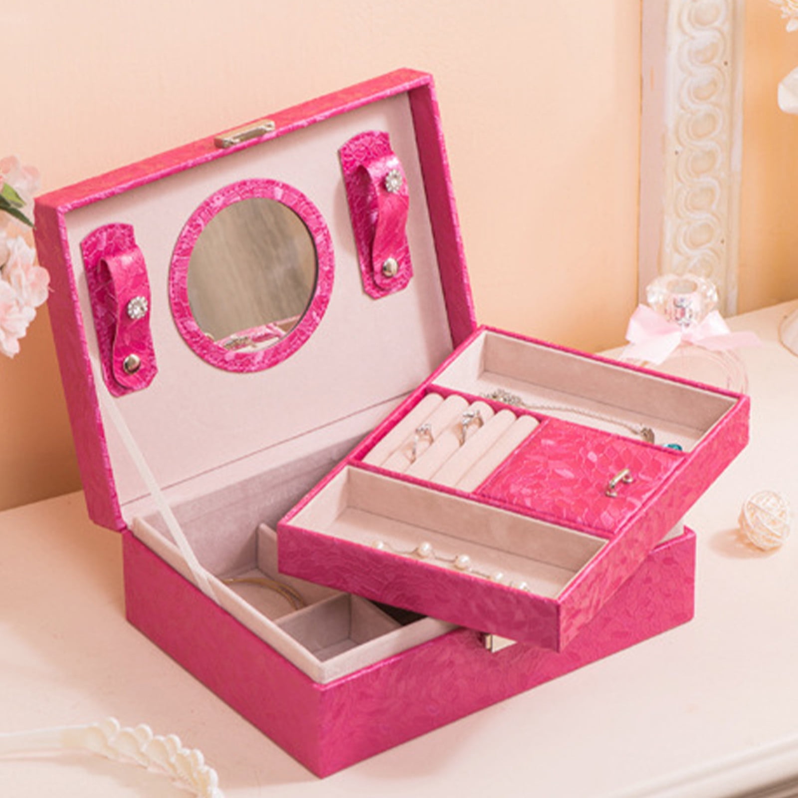 Jubipavy Jewelry Box With Lock And Mirror Jewelry Organizer Storage Case With 2-Layers Display For Earrings Bracelets Rings Watches
